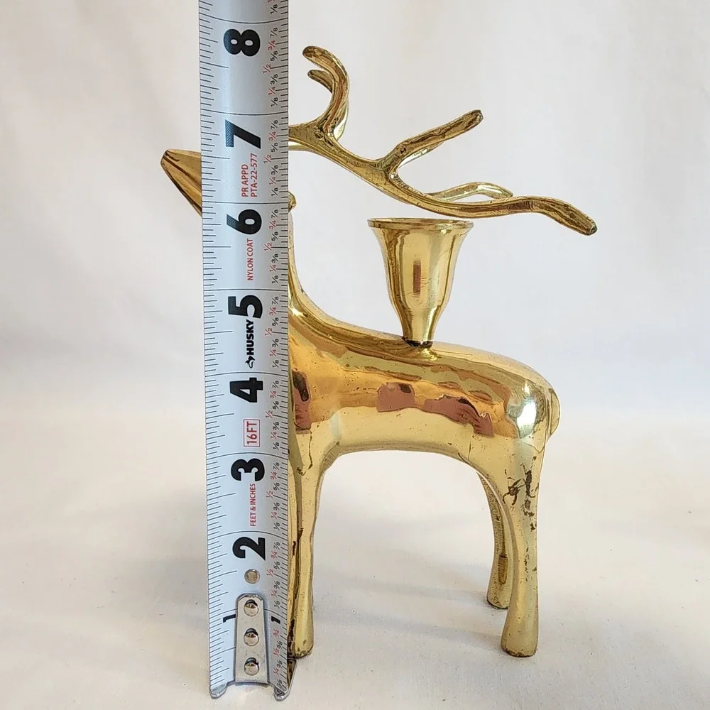 Vintage Solid Brass Reindeer Candle Holder‎ Set Standing and Resting Deer MCM